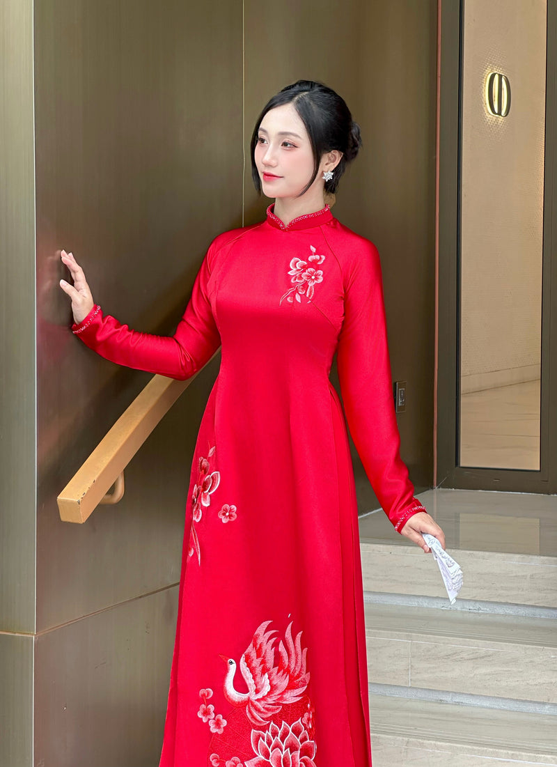 Áo Dài Hỉ Tước - Red Bridal Ao Dai with Crystal Embellished Cranes | Red Bridal Dress | No Headband