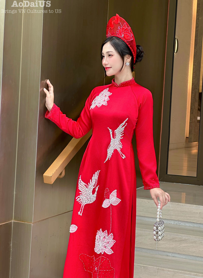 Red Bridal Ao Dai with Crystal Embellished Cranes and Lotus Flowers | Red Bridal Dress | No Headband E24