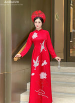 Red Bridal Ao Dai with Crystal Embellished Cranes and Lotus Flowers | Red Bridal Dress | No Headband E24