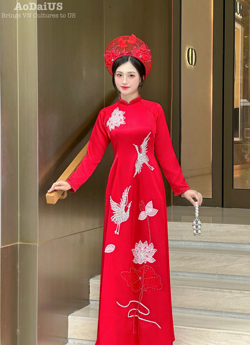 Red Bridal Ao Dai with Crystal Embellished Cranes and Lotus Flowers | Red Bridal Dress | No Headband E24