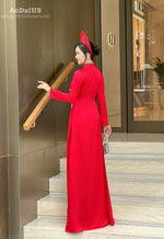 Red Bridal Ao Dai with Crystal Embellished Cranes and Lotus Flowers | Red Bridal Dress | No Headband E24