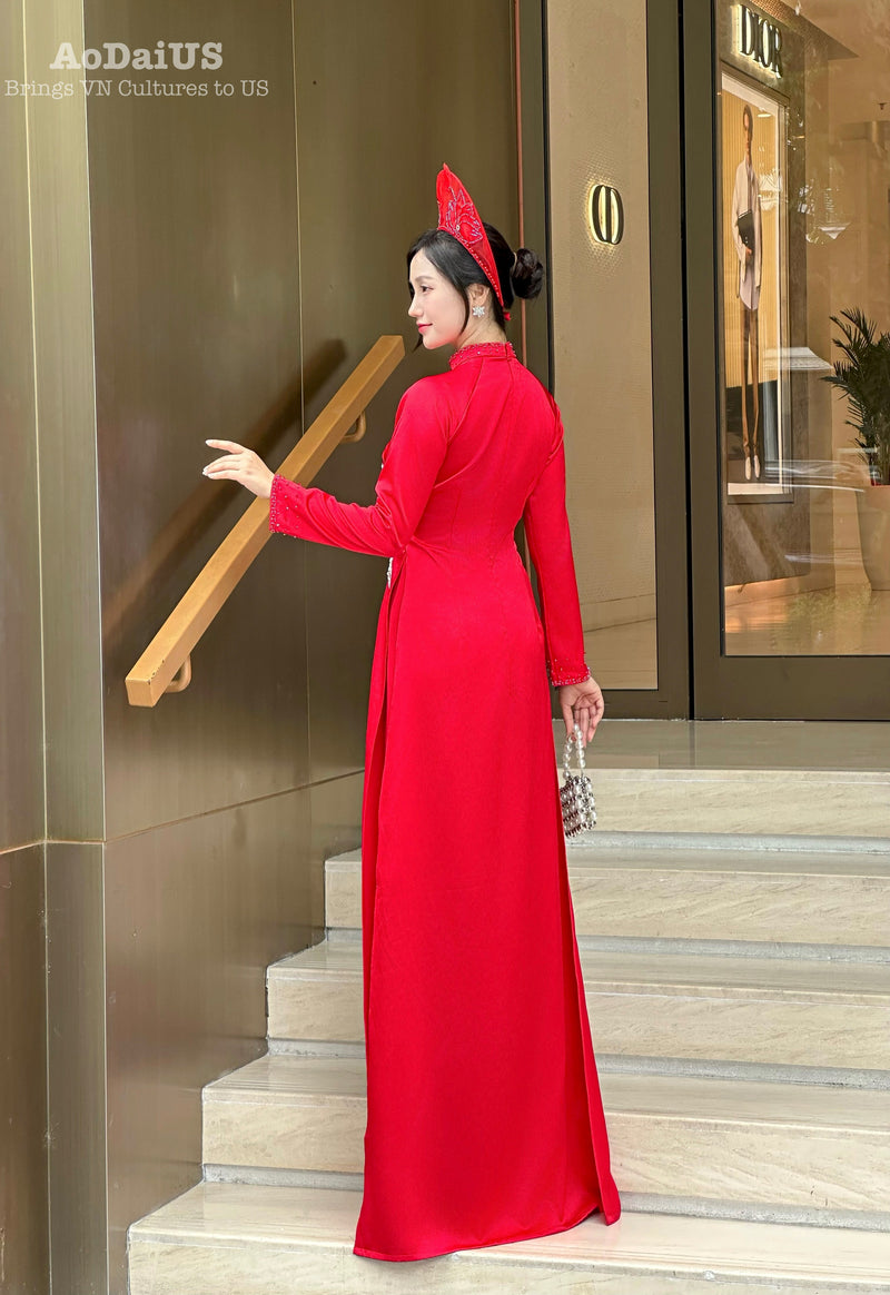 Red Bridal Ao Dai with Crystal Embellished Cranes and Lotus Flowers | Red Bridal Dress | No Headband E24