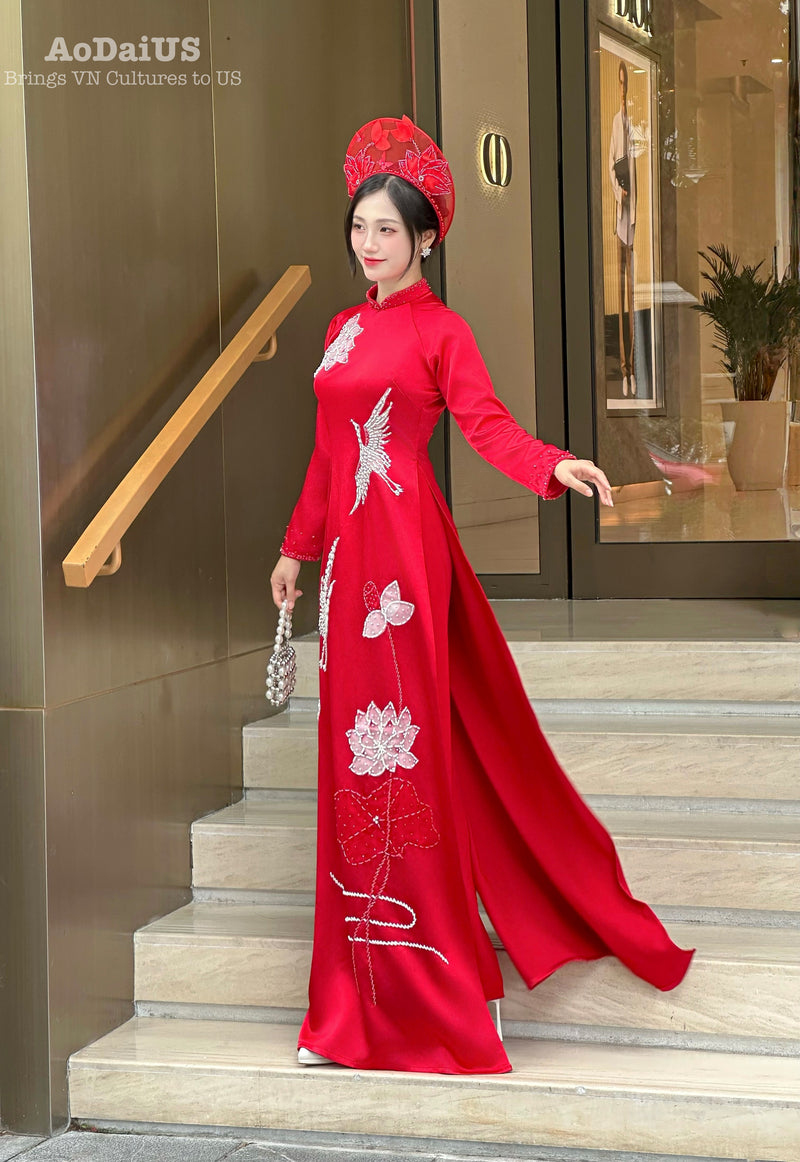 Red Bridal Ao Dai with Crystal Embellished Cranes and Lotus Flowers | Red Bridal Dress | No Headband E24