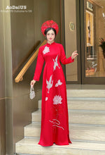 Red Bridal Ao Dai with Crystal Embellished Cranes and Lotus Flowers | Red Bridal Dress | No Headband E24