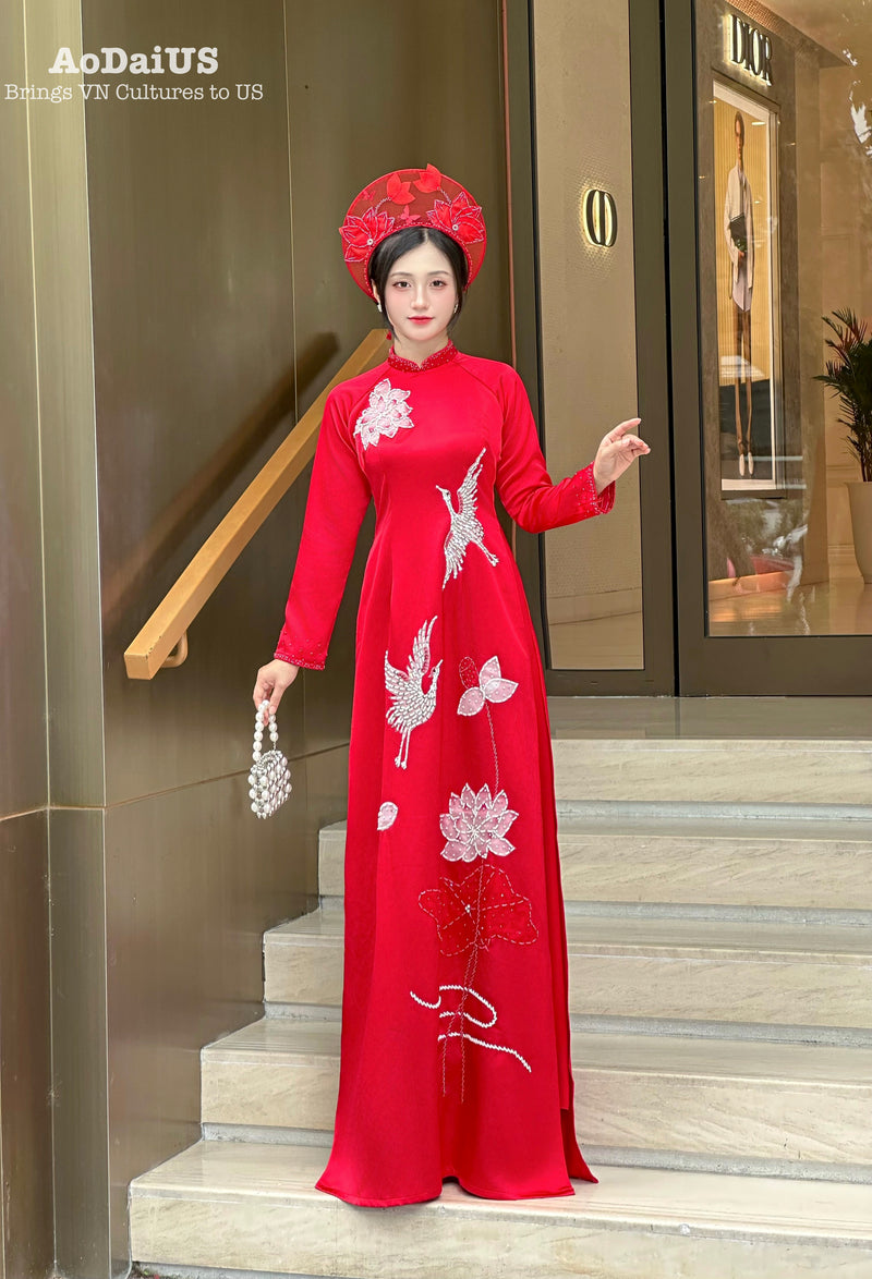 Red Bridal Ao Dai with Crystal Embellished Cranes and Lotus Flowers | Red Bridal Dress | No Headband E24