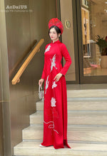 Red Bridal Ao Dai with Crystal Embellished Cranes and Lotus Flowers | Red Bridal Dress | No Headband E24