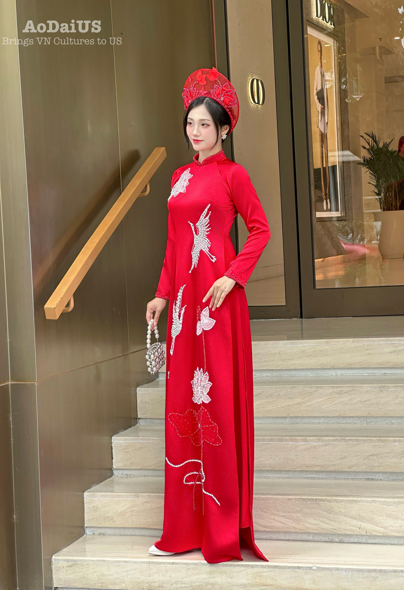 Red Bridal Ao Dai with Crystal Embellished Cranes and Lotus Flowers | Red Bridal Dress | No Headband E24