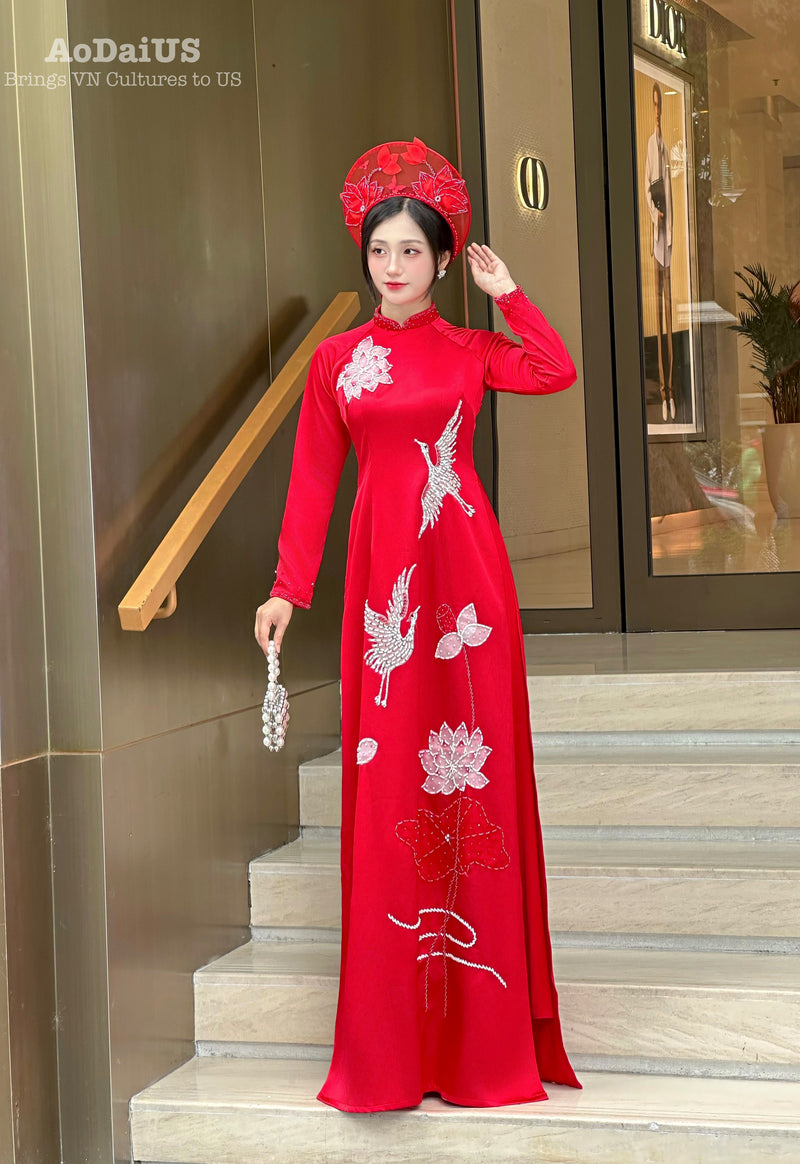 Red Bridal Ao Dai with Crystal Embellished Cranes and Lotus Flowers | Red Bridal Dress | No Headband E24