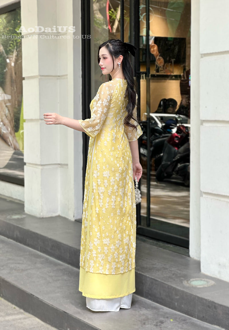 Yellow Floral Modern Ao Dai Vietnam NO PANTS | Modern Vietnamese Ao Dai E28