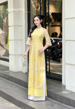 Yellow Floral Modern Ao Dai Vietnam NO PANTS | Modern Vietnamese Ao Dai E28