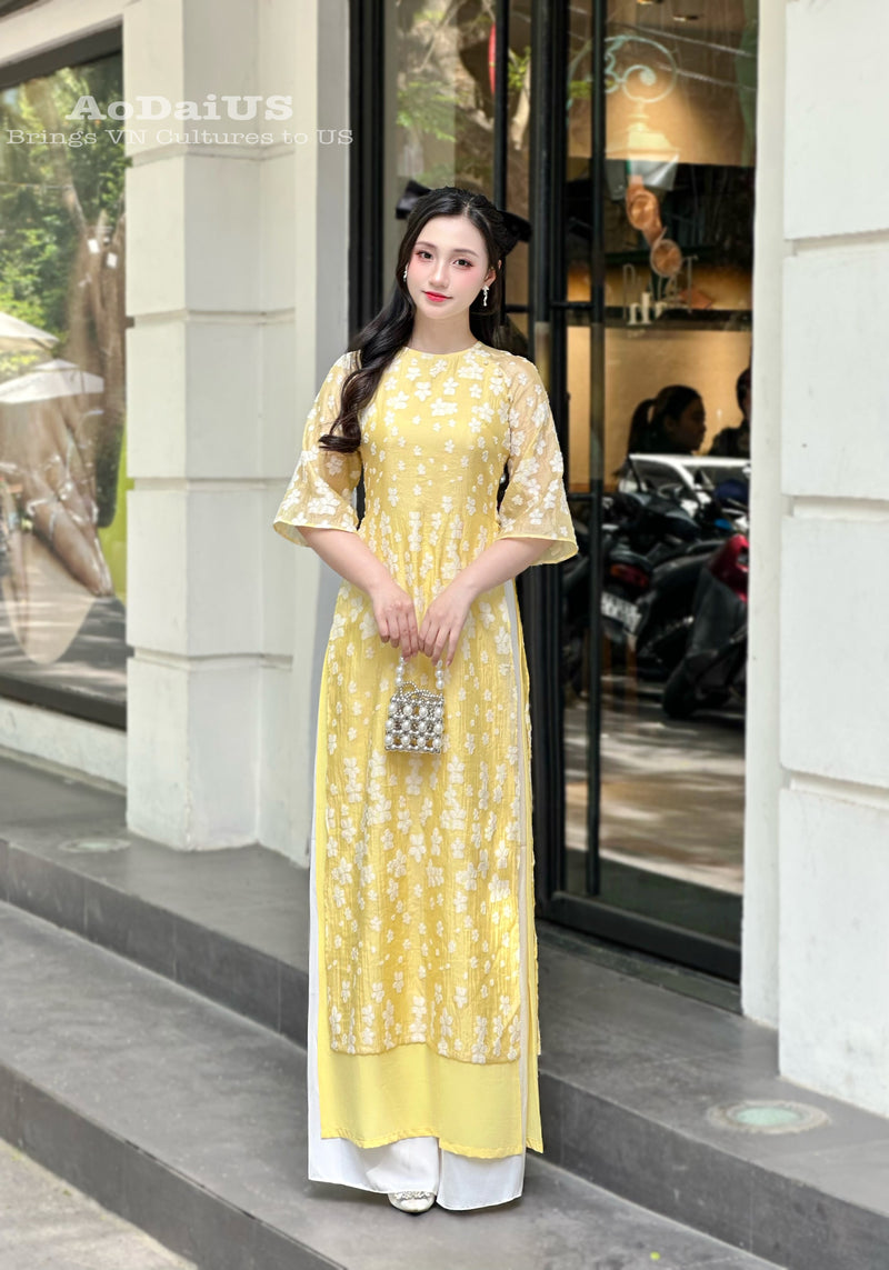 Yellow Floral Modern Ao Dai Vietnam NO PANTS | Modern Vietnamese Ao Dai E28
