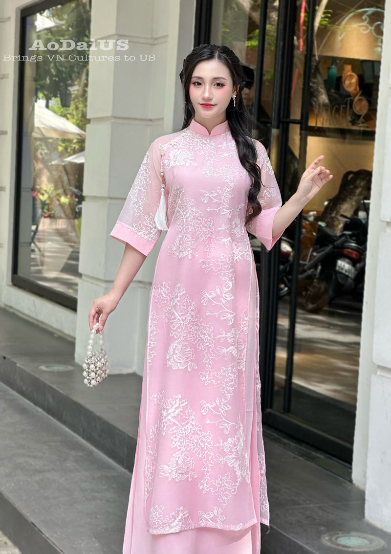 Pink Floral Modern Ao Dai Vietnam NO PANTS | Modern Vietnamese Ao Dai H40