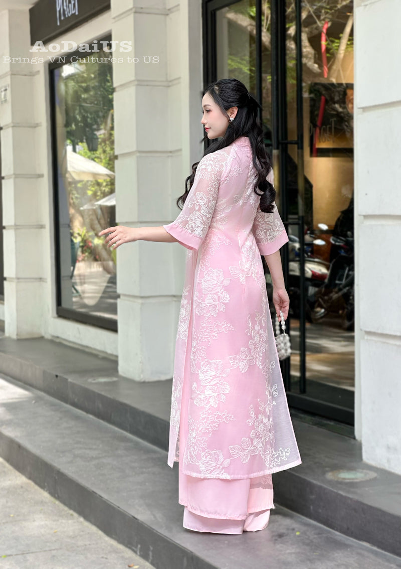 Pink Floral Modern Ao Dai Vietnam NO PANTS | Modern Vietnamese Ao Dai H40