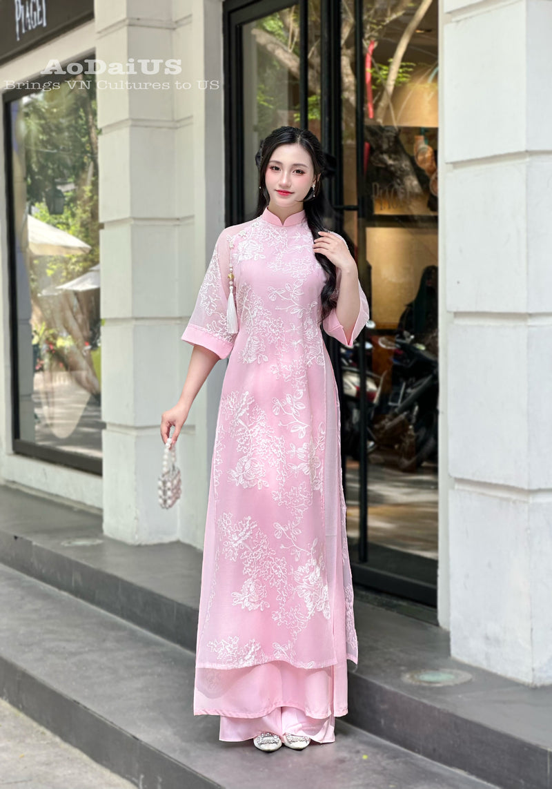 Pink Floral Modern Ao Dai Vietnam NO PANTS | Modern Vietnamese Ao Dai H40