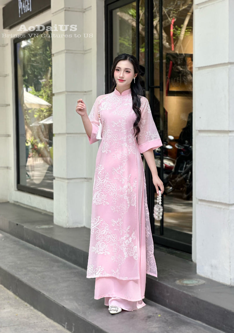 Pink Floral Modern Ao Dai Vietnam NO PANTS | Modern Vietnamese Ao Dai H40