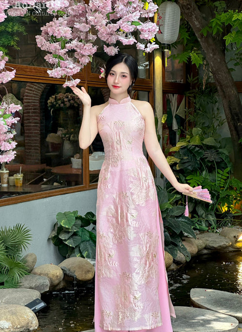 Pink Morning Mist Sleeveless Ao Dai No Pants | Pink Modern Yếm -Inspired Ao Dai D6