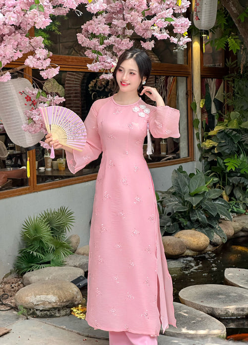 Strawberry Pink Tassel Embroidery Roses Ao Dai- NO Pants | Modernized Vietnamese Ao Dai