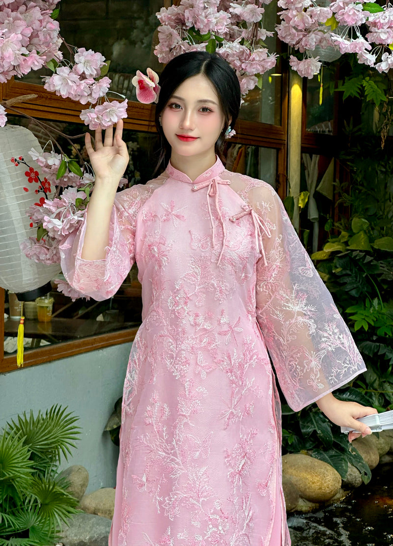 Pink Modern Ao Dai With Sheer Wide Sleeves | Vietnamese Ao Dai NO Pants