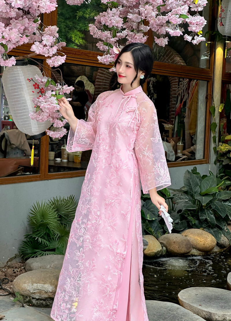 Pink Modern Ao Dai With Sheer Wide Sleeves | Vietnamese Ao Dai NO Pants