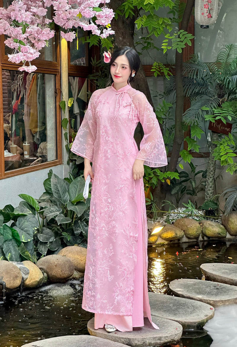 Pink Modern Ao Dai With Sheer Wide Sleeves | Vietnamese Ao Dai NO Pants