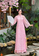 Pink Modern Ao Dai With Sheer Wide Sleeves | Vietnamese Ao Dai NO Pants