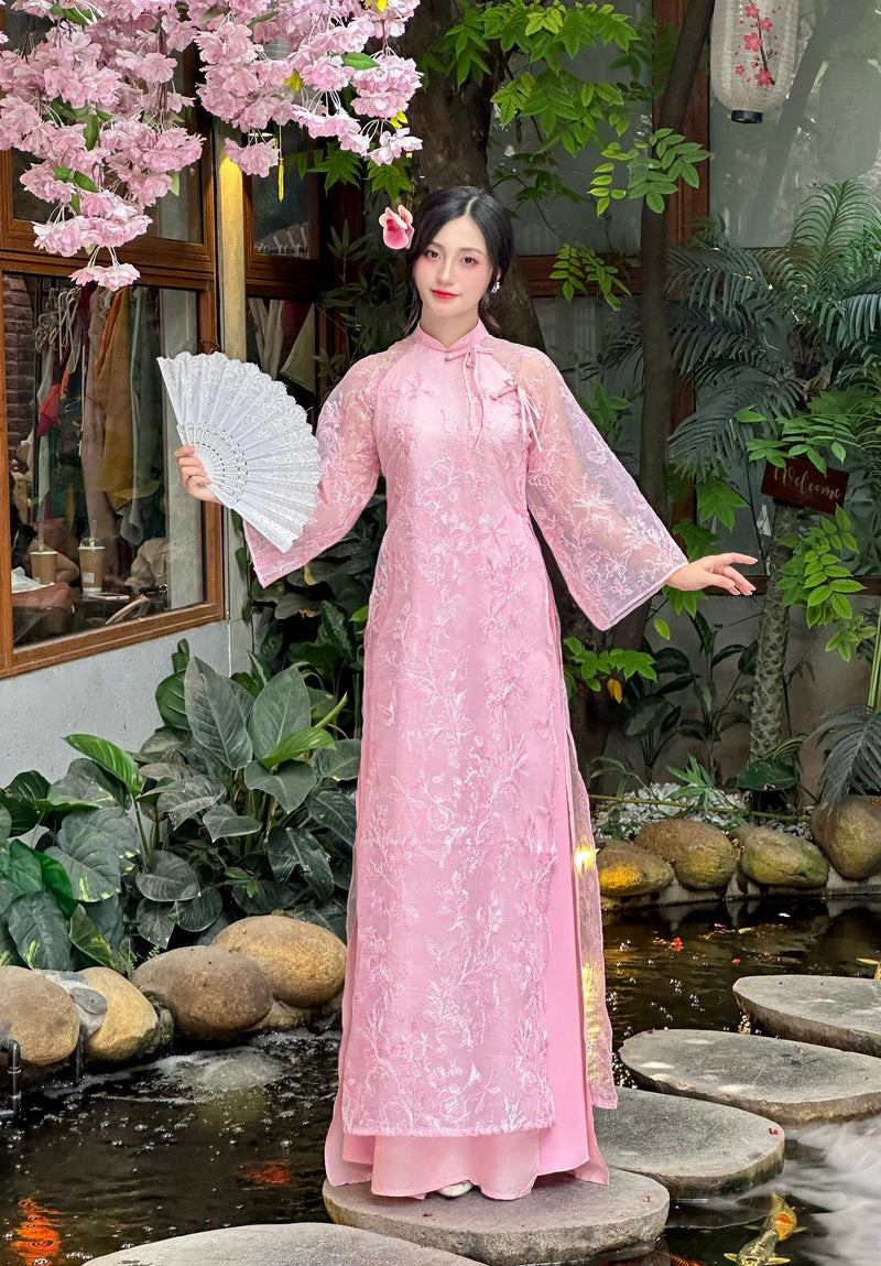 Pink Modern Ao Dai With Sheer Wide Sleeves | Vietnamese Ao Dai NO Pants