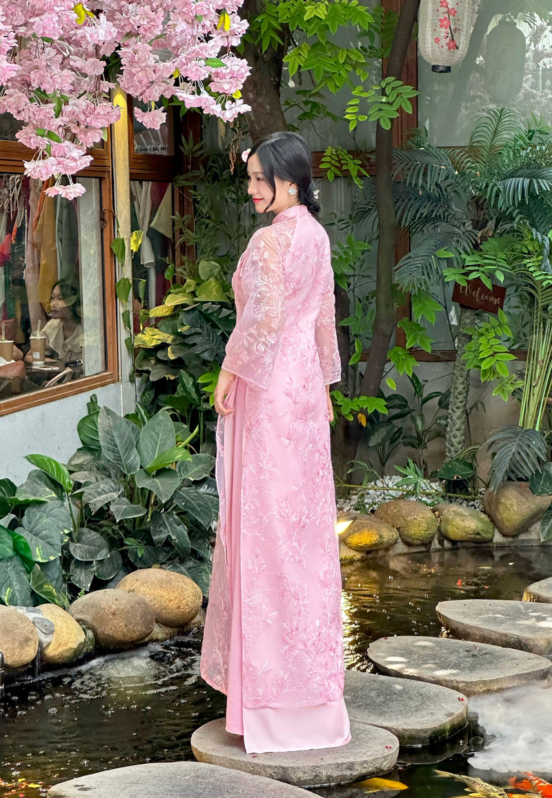 Pink Modern Ao Dai With Sheer Wide Sleeves | Vietnamese Ao Dai NO Pants
