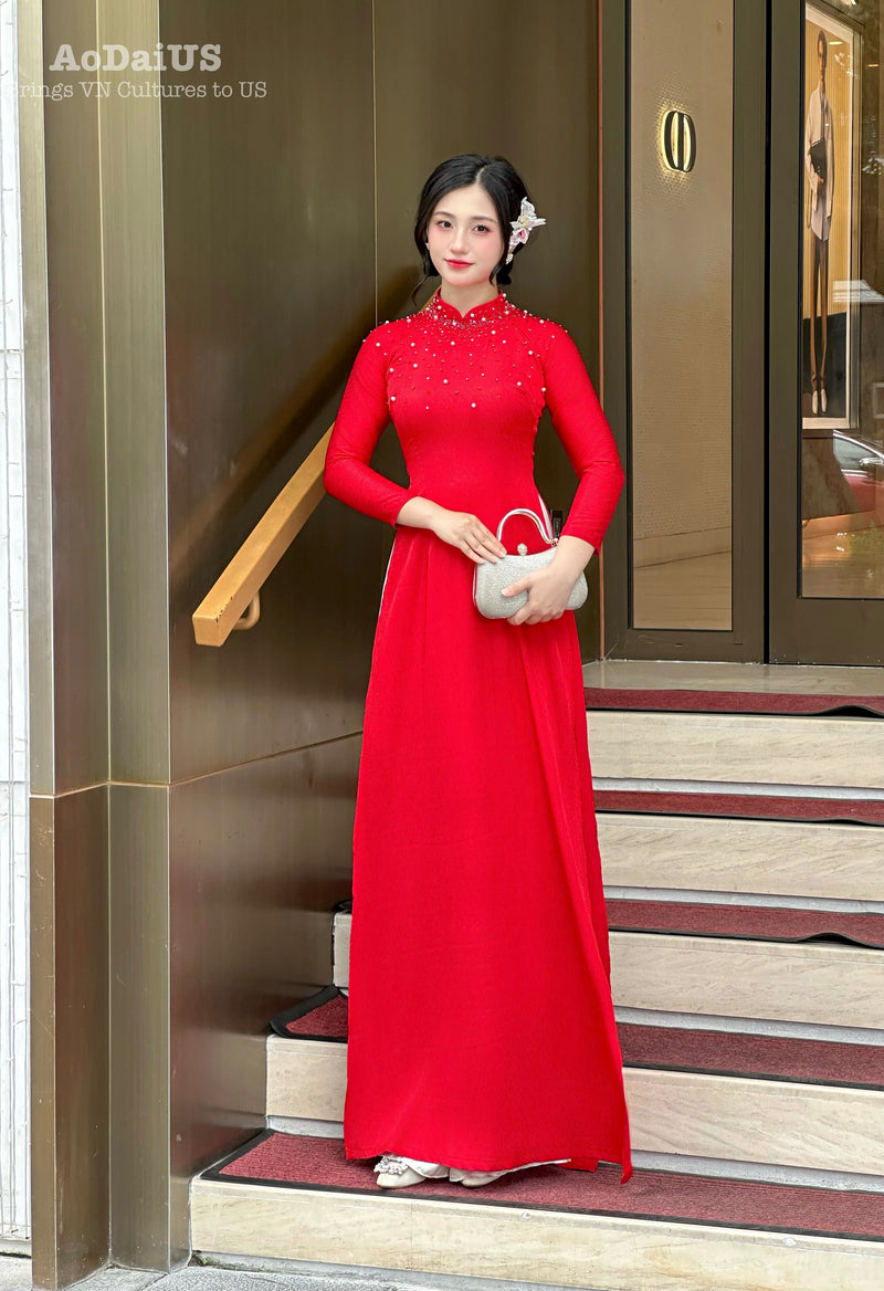 Red Traditional Vietnamese Áo Dài with Pearl and Crystal Embellishments | No Pants E22
