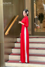 Red Traditional Vietnamese Áo Dài with Pearl and Crystal Embellishments | No Pants E22