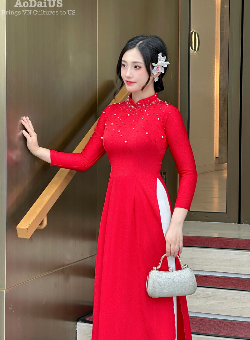 Red Traditional Vietnamese Áo Dài with Pearl and Crystal Embellishments | No Pants E22