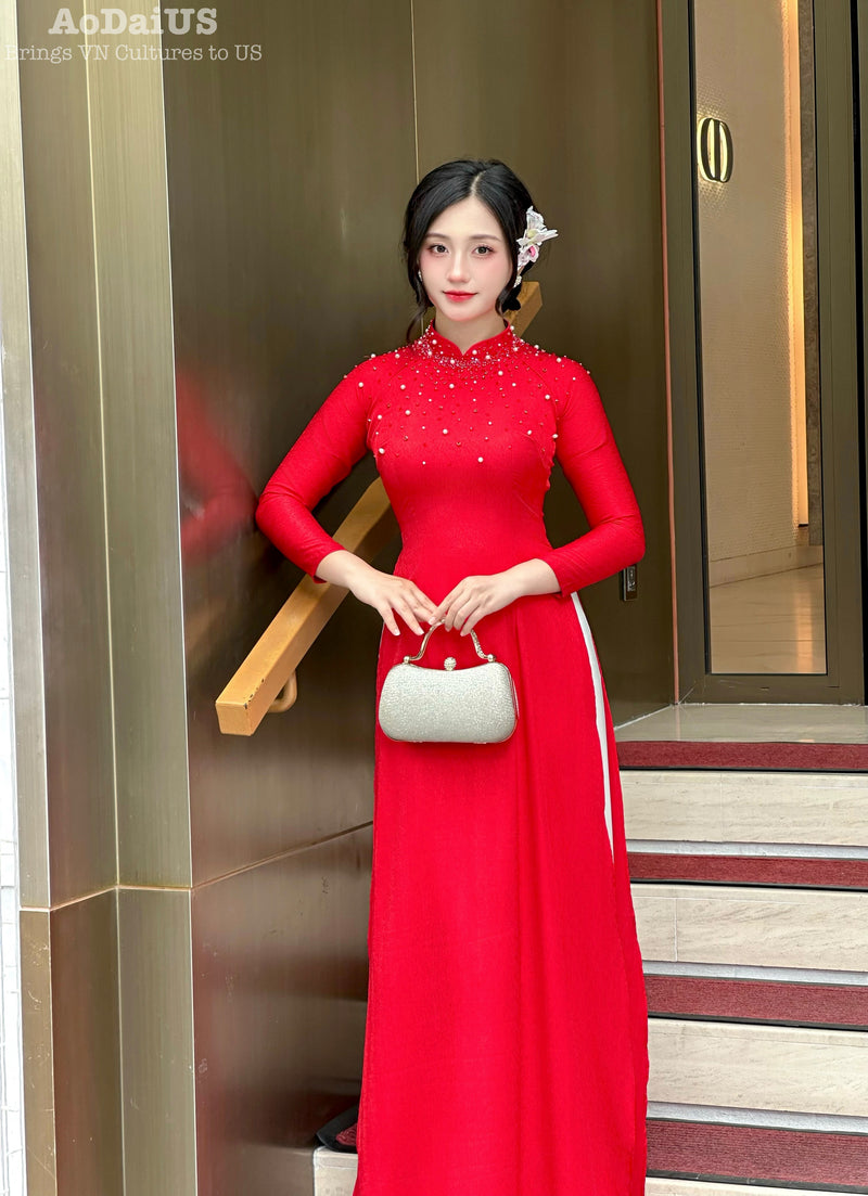 Red Traditional Vietnamese Áo Dài with Pearl and Crystal Embellishments | No Pants E22