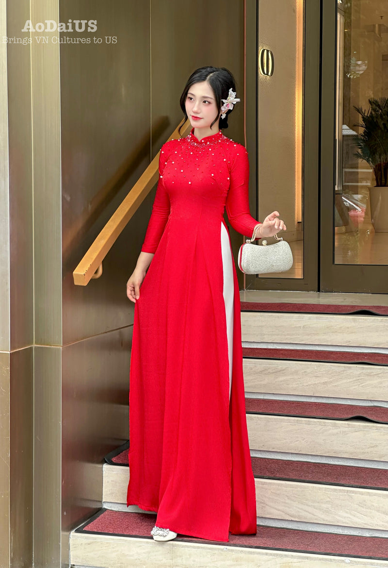 Red Traditional Vietnamese Áo Dài with Pearl and Crystal Embellishments | No Pants E22