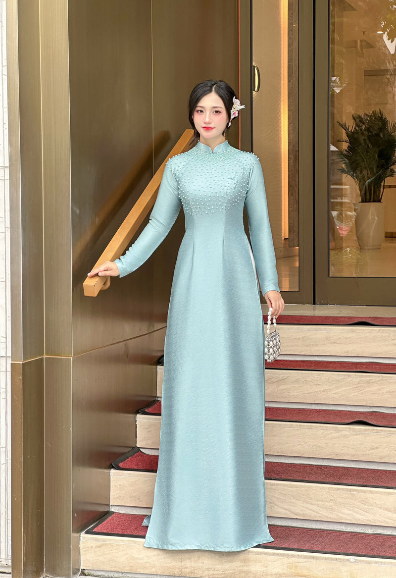 Vân Gỗ Silk Ao Dai w Hand Beaded Pearls - No Pants | Vietnamese Traditional Dress