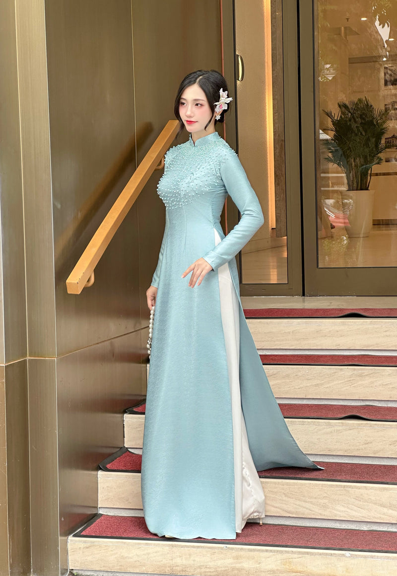 Vân Gỗ Silk Ao Dai w Hand Beaded Pearls - No Pants | Vietnamese Traditional Dress