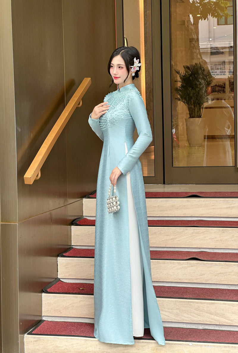 Vân Gỗ Silk Ao Dai w Hand Beaded Pearls - No Pants | Vietnamese Traditional Dress