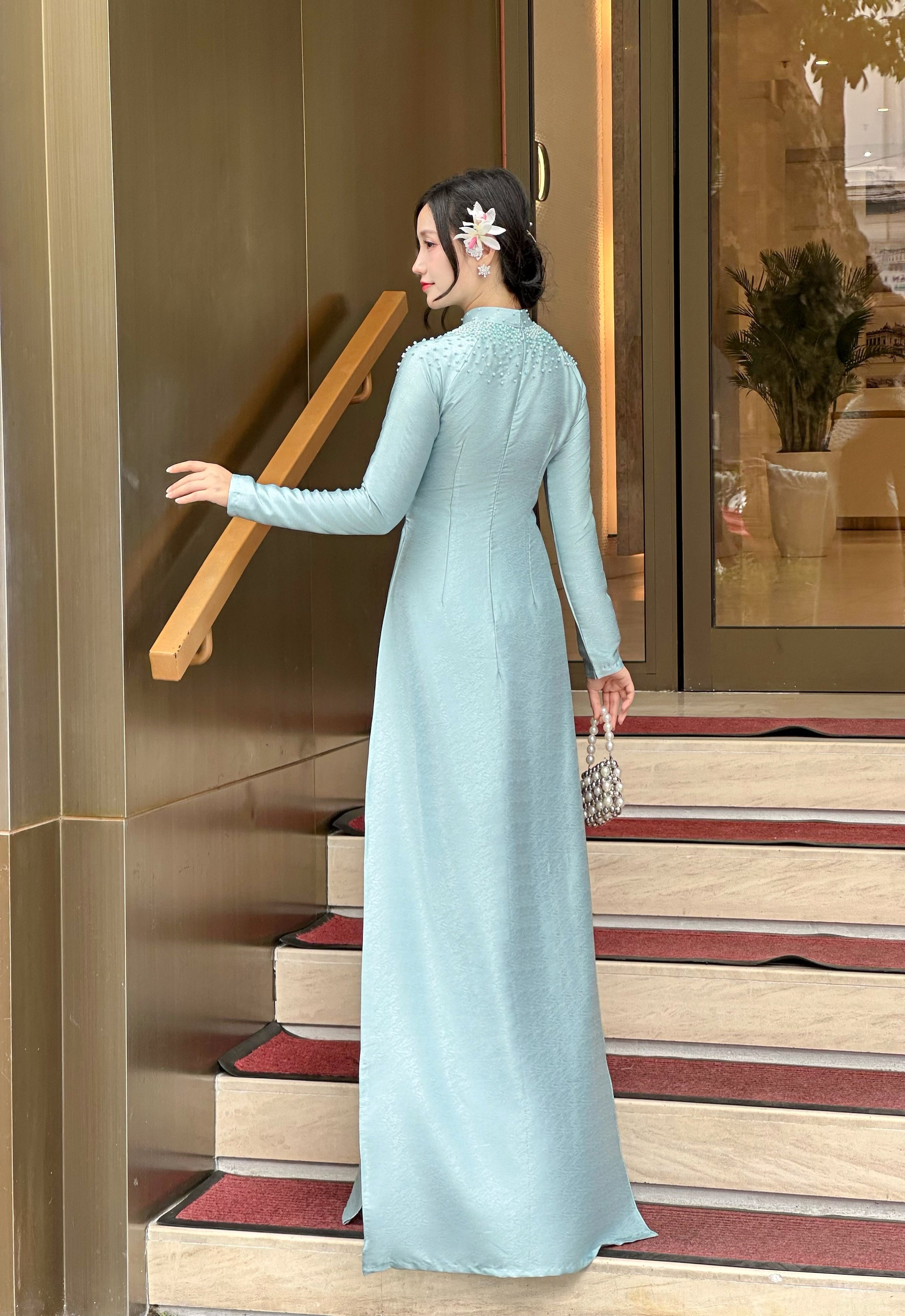 Vn G Silk Ao Dai w Hand Beaded Pearls - No Pants | Vietnamese Tradit Ao Dai US Vn G Silk Ao Dai w Hand Beaded Pearls - No Pants | Vietnamese Tradit Ao Dai US