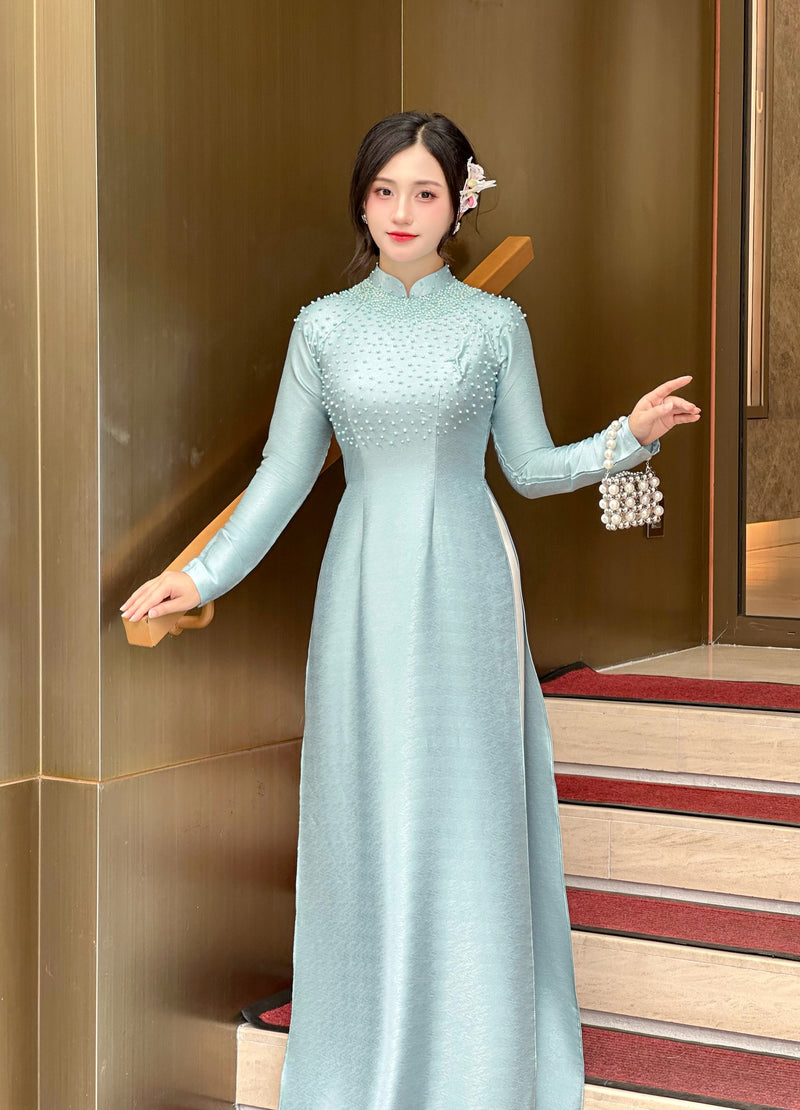 Vân Gỗ Silk Ao Dai w Hand Beaded Pearls - No Pants | Vietnamese Traditional Dress