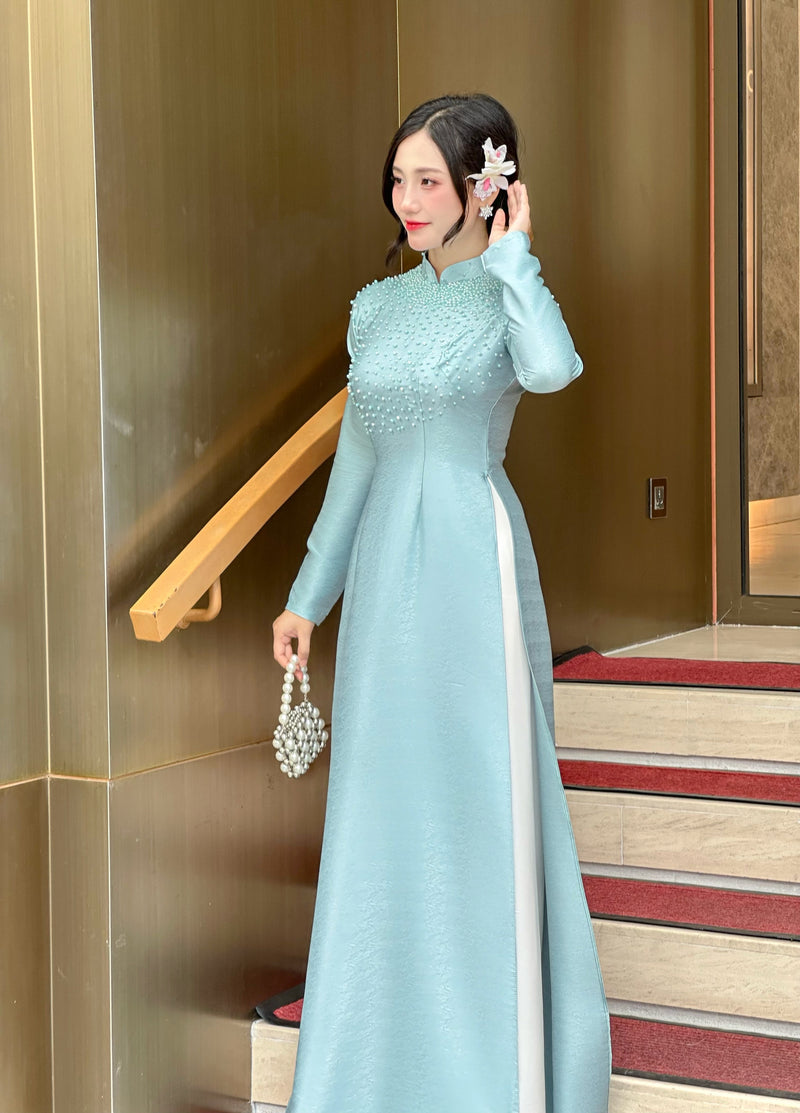 Vân Gỗ Silk Ao Dai w Hand Beaded Pearls - No Pants | Vietnamese Traditional Dress