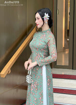 Dark Green Mini Floral Chiffon Ao Dai - No Pants | Vietnamese Traditional Dress A15