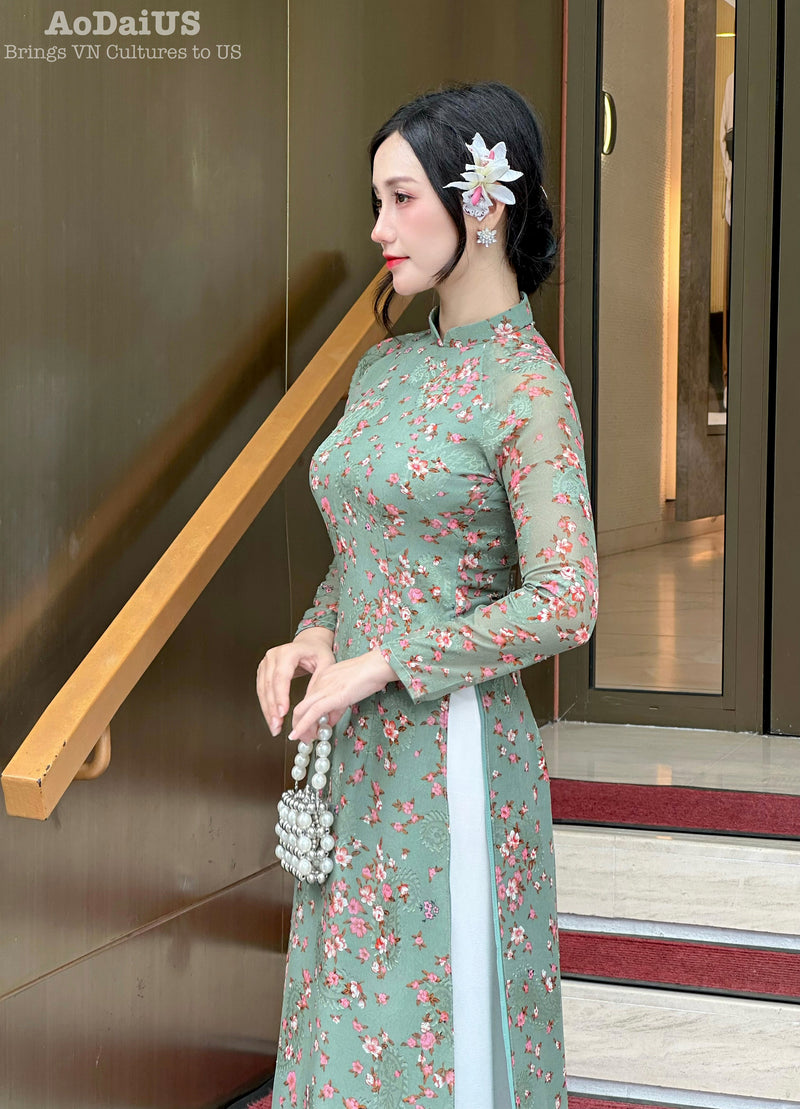 Dark Green Mini Floral Chiffon Ao Dai - No Pants | Vietnamese Traditional Dress A15