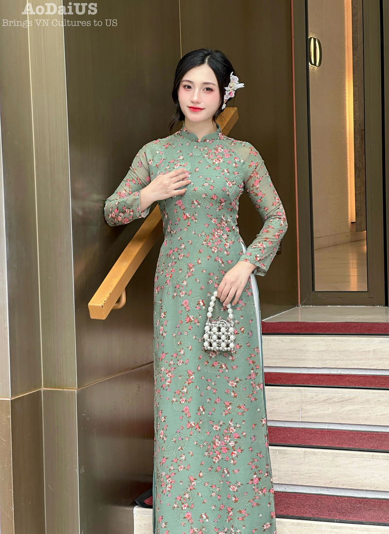 Dark Green Mini Floral Chiffon Ao Dai - No Pants | Vietnamese Traditional Dress A15