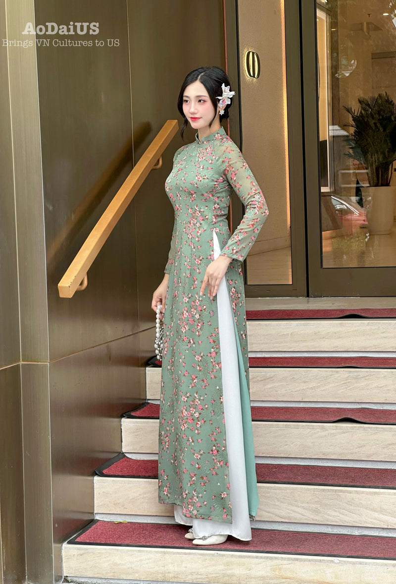 Dark Green Mini Floral Chiffon Ao Dai - No Pants | Vietnamese Traditional Dress A15