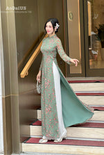 Dark Green Mini Floral Chiffon Ao Dai - No Pants | Vietnamese Traditional Dress A15