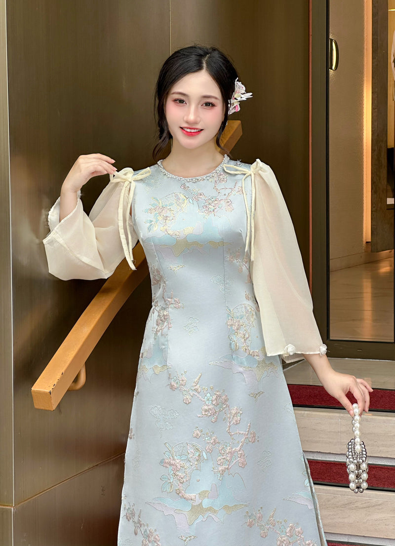 Summer Blue Taffa Ao Dai With Sheer Sleeves  | Áo Dài Gấm Thanh Hoa | Modern Ao Dai NO Pants