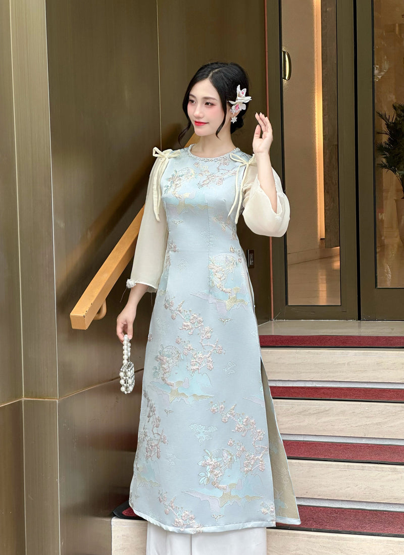 Summer Blue Taffa Ao Dai With Sheer Sleeves  | Áo Dài Gấm Thanh Hoa | Modern Ao Dai NO Pants