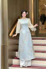 Summer Blue Taffa Ao Dai With Sheer Sleeves  | Áo Dài Gấm Thanh Hoa | Modern Ao Dai NO Pants