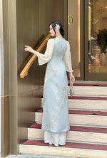 Summer Blue Taffa Ao Dai With Sheer Sleeves  | Áo Dài Gấm Thanh Hoa | Modern Ao Dai NO Pants