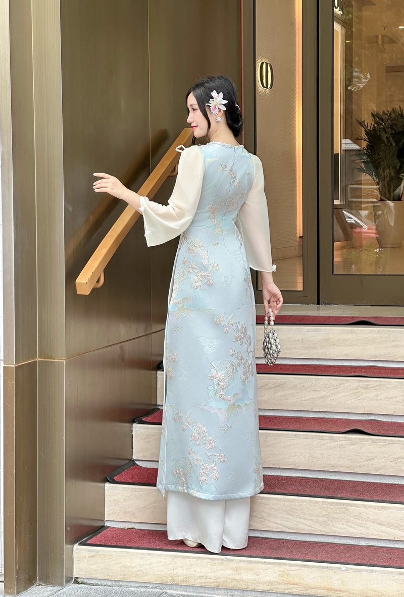 Summer Blue Taffa Ao Dai With Sheer Sleeves  | Áo Dài Gấm Thanh Hoa | Modern Ao Dai NO Pants