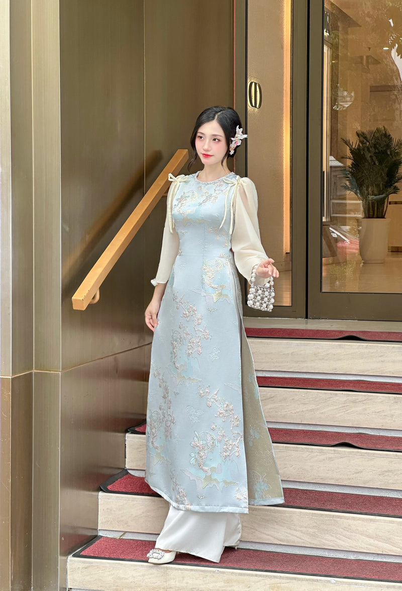 Summer Blue Taffa Ao Dai With Sheer Sleeves  | Áo Dài Gấm Thanh Hoa | Modern Ao Dai NO Pants