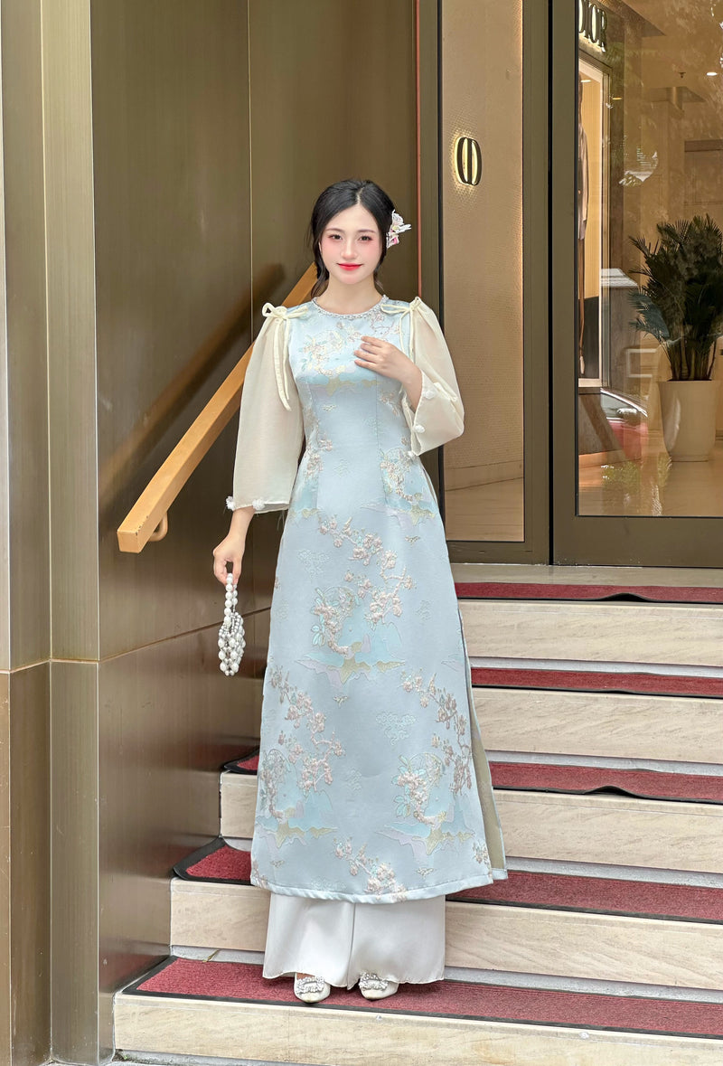 Summer Blue Taffa Ao Dai With Sheer Sleeves  | Áo Dài Gấm Thanh Hoa | Modern Ao Dai NO Pants